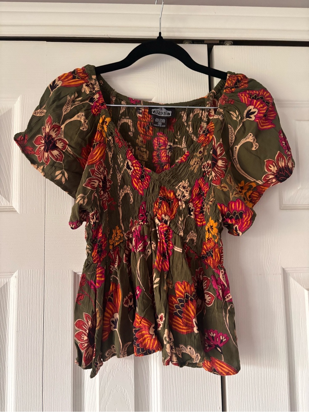 Angie Olive Green Floral Smocked blouse